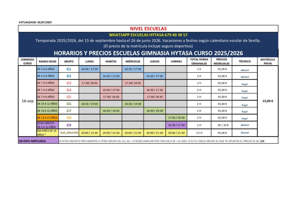 HORARIO ESCUELA GIMNASIA 25 26
